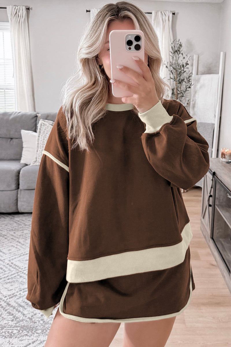 Coffee Color Contrast Loose Pullover and Lace-up Waist Skort Set