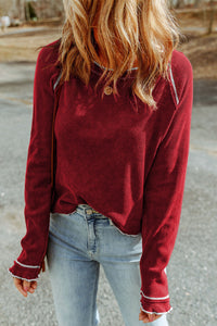 Chestnut Contrast Seam Frilly Edge Waffle Knit T-shirt