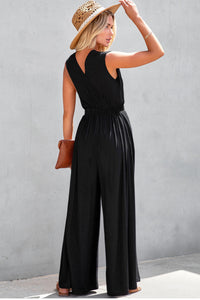 Black Deep V Pleated Crisscross Wide Leg Backless Jumpsuit