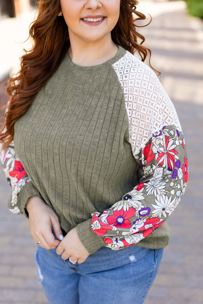 Vineyard Green Plus Size Textured Floral Patchwork Raglan Sleeve Blouse