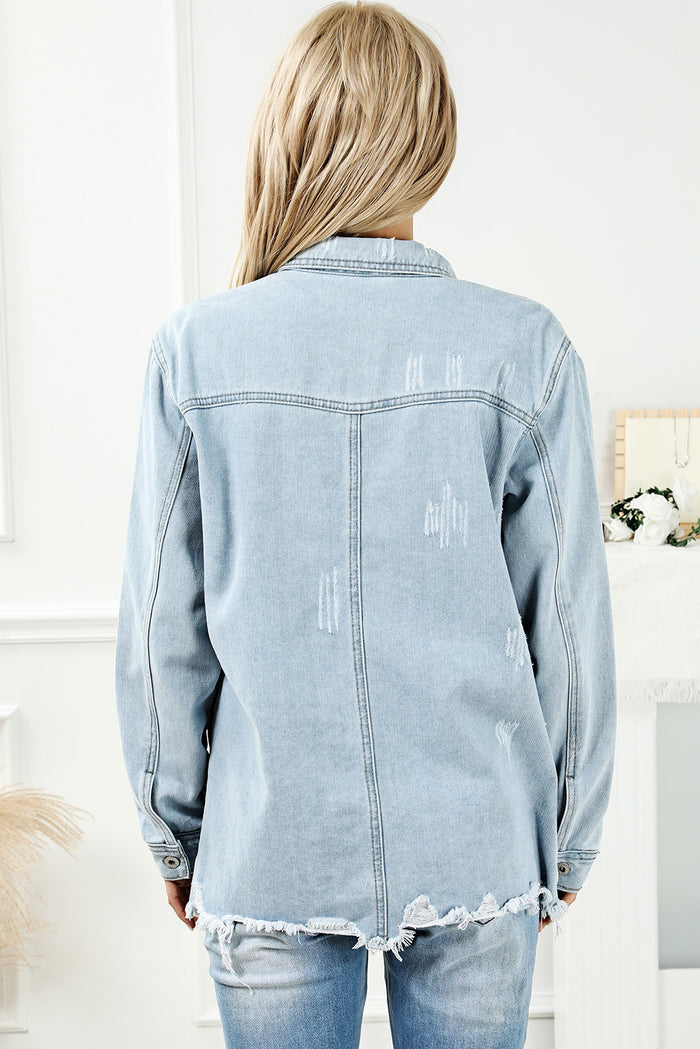 Sky Blue Flap Pocket Buttoned Raw Hem Denim Jacket