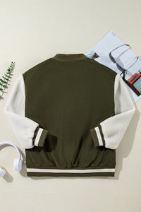 Mist Green Corduroy Fleece Patchwork Buttoned Bomber Jacket