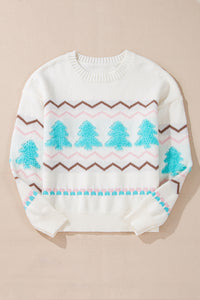 White Striped Christmas Tree Ribbed Trim Drop Shoulder Sweater