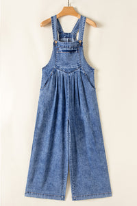 Light Blue Mineral Wash Buttoned Straps Wide Leg Denim Overalls