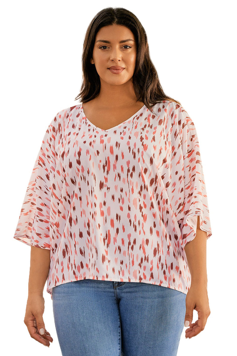 Sky Blue Printed Printed 3/4 Dolman Sleeve Plus Size Blouse