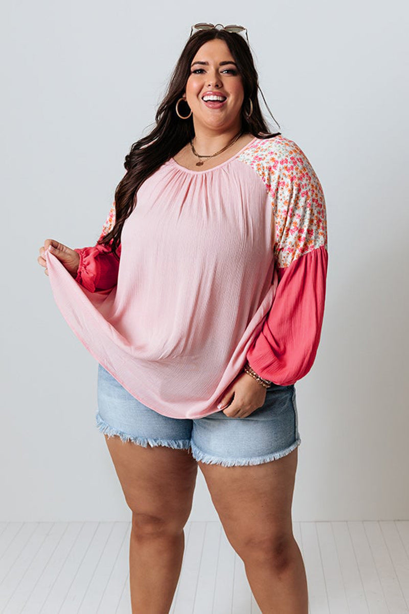 Pink Contrast Floral Patchwork Long Sleeve Plus Size Blouse