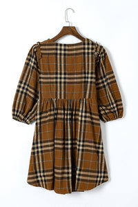 Brown Printed Plaid V Neck Plus Size Babydoll Dress