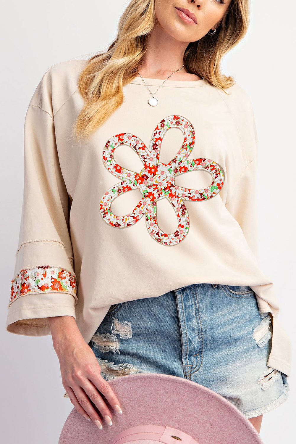 Beige Flower Patch Graphic Exposed Seam Wide Sleeve Top