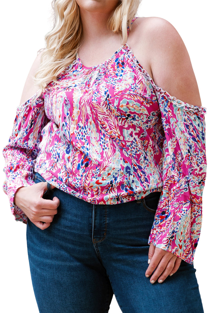 Pink Floral Print Cold Shoulder Plus Size Top