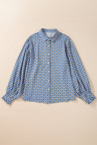 Sky Blue Abstract Print Shirred Cuff Buttoned Oversized Shirt