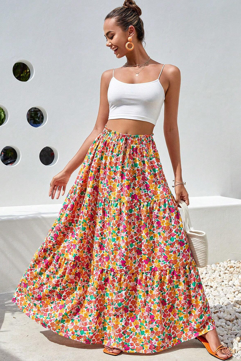 Yellow Boho Floral Print Tiered Long Skirt