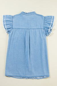 Dusk Blue Plus Size Ruffled Sleeve Button Up Frayed Denim Top