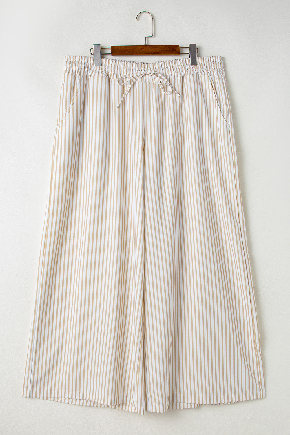 Khaki Stripe Plus Size Drawstring High Waist Wide Leg Pants