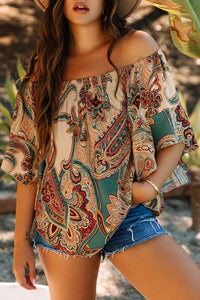 Paisley Printed Shirred Off-Shoulder Ruffled Sleeve Blouse