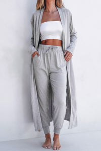 Light Grey Split Long Cardigan and Skinny Pants Lounge Set