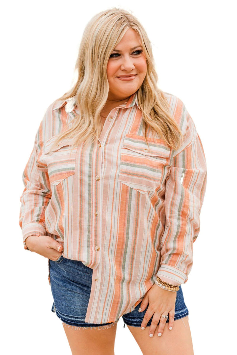 Orange Plus Size Striped Shirt with Chest Pockets