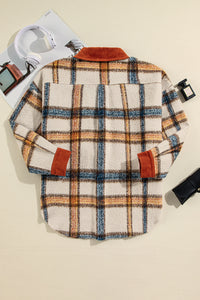 Brown Stripe Plus Size Plaid Print Collared Buttoned Jacket