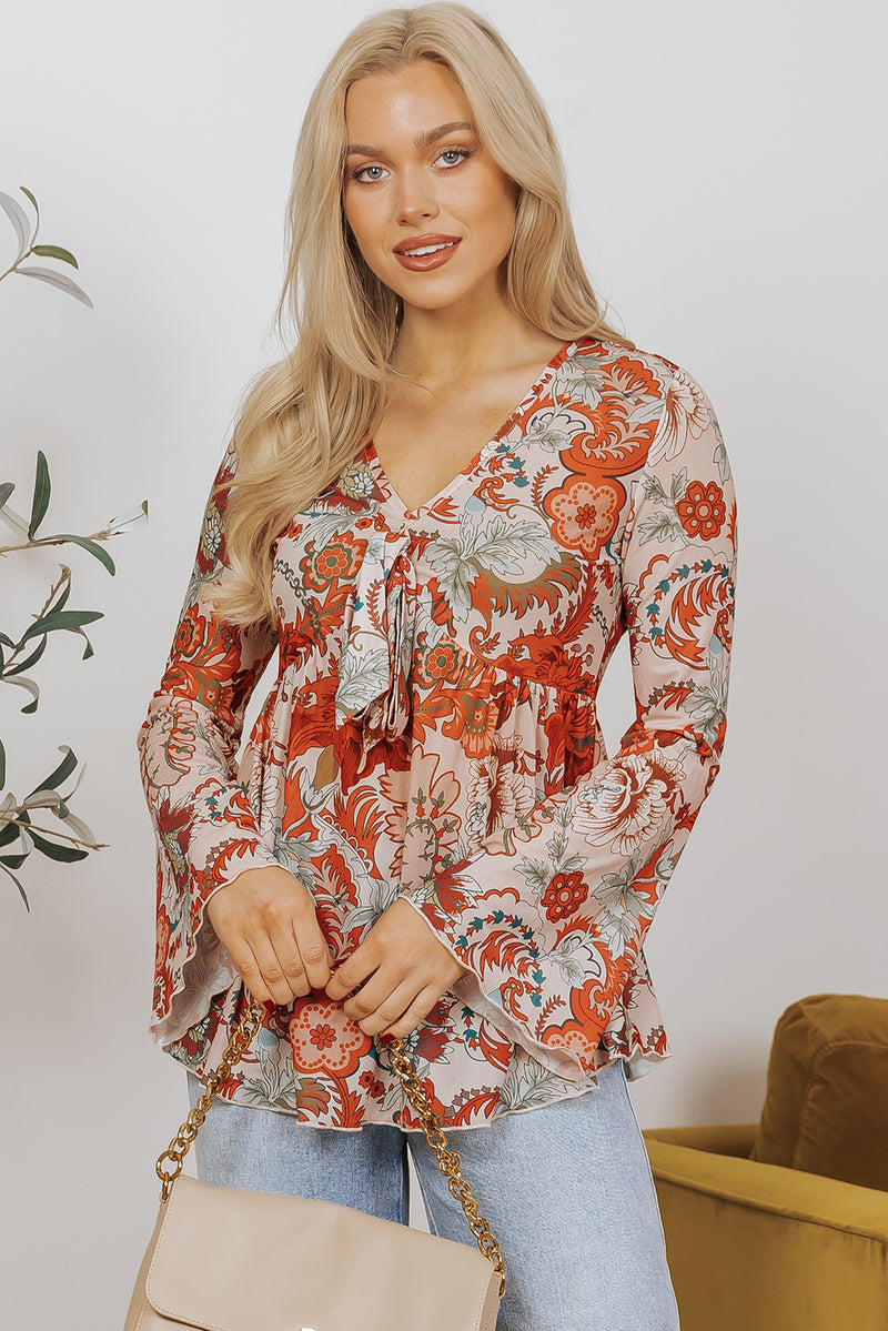 Orange Floral Print Deep V Neck Knot Bell Sleeve Blouse