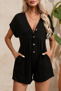 Black V Neck Buttons Loose Cuffed Short Sleeve Romper