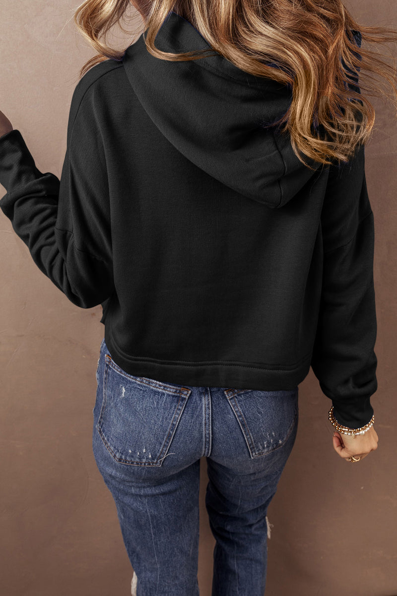 Black Solid Drop Shoulder Drawstring Cropped Hoodie