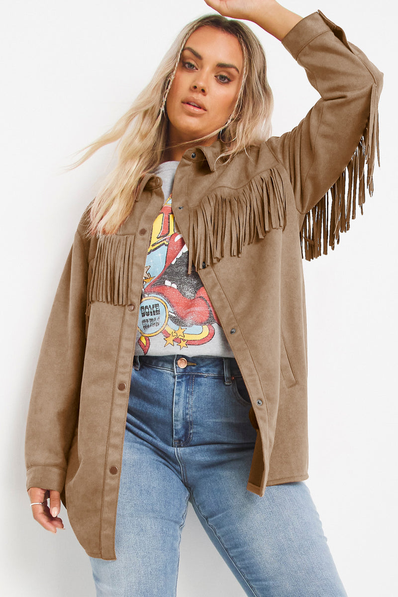 White Fringe Trim Plus Size Suede Shacket