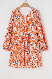 Orange Floral Print Split V Neck Bubble Sleeve Plus Size Midi Dress