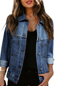 Dark Blue Washed Oversize Pocketed Denim Jacket