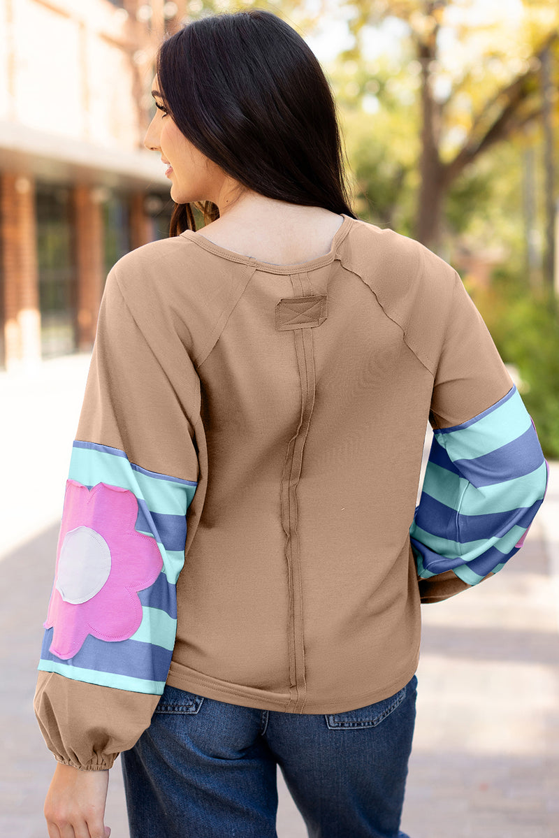 Dune Flower Patchwork Raglan Sleeve Exposed Seam Oversized Top