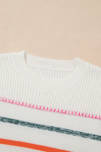 White Colorful Striped Ribbed Trim Sweater