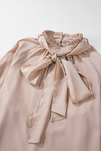 Pink Frilled Knotted Mock Neck Bishop Sleeve Blouse