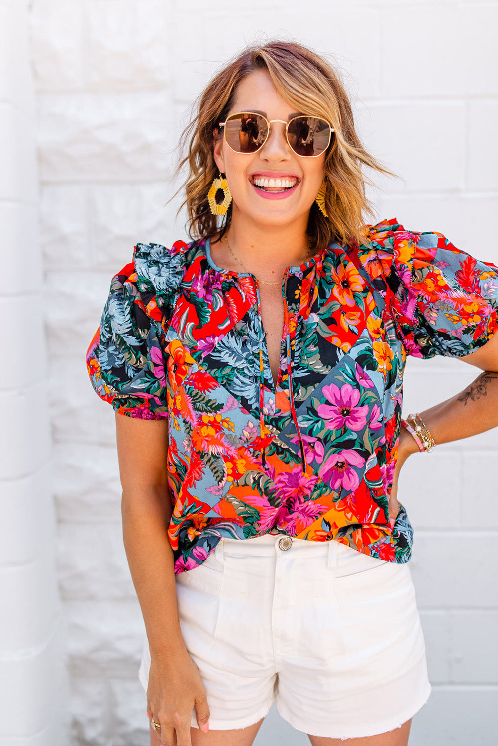 Multicolour Floral Print Ruffle Trim Bubble Sleeve Split Neck Blouse