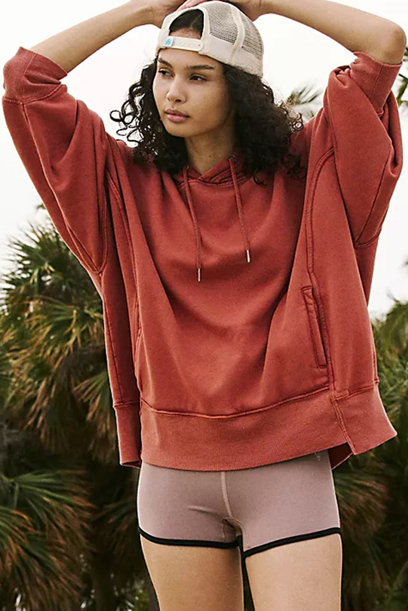 Red Clay Drop Shoulder Pocketed Baggy Drawstring Hoodie