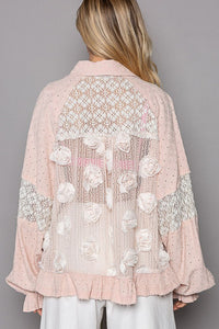 POL Eyelet Flower Pearl Detail Lace Patchwork Shirt