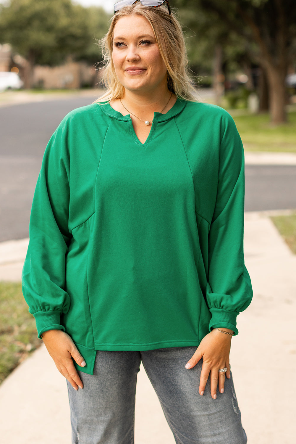 Bright Green Exposed Seam Notched Neck Drop Shoulder Plus Sweatshirt