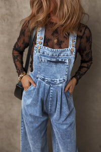 Light Blue Mineral Wash Buttoned Straps Wide Leg Denim Overalls