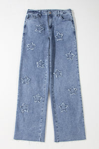 Dusk Blue Foiled Star Patchwork Straight Leg Loose Jeans