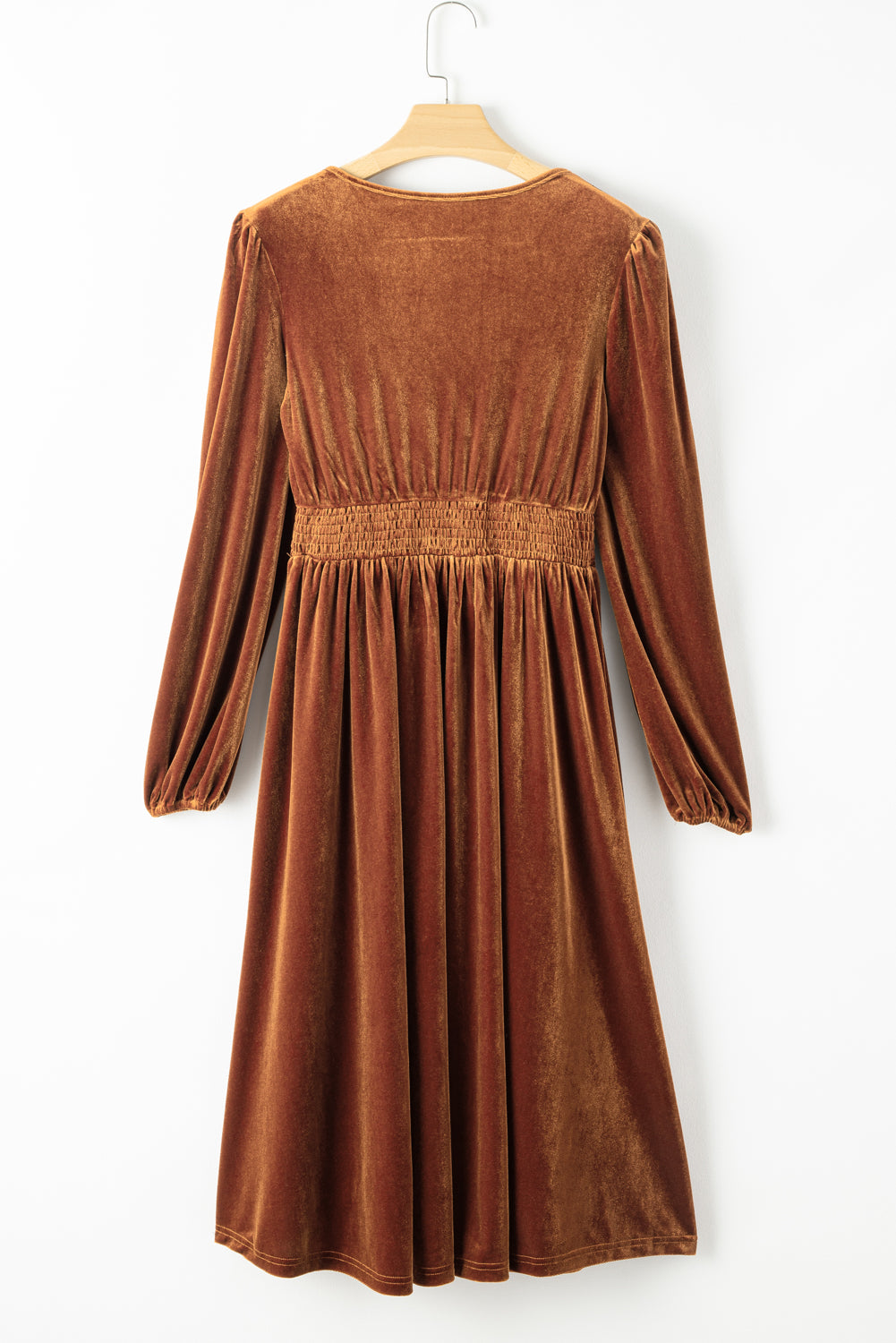 Camel Surplice V Neck Balloon Sleeve Velvet Dress