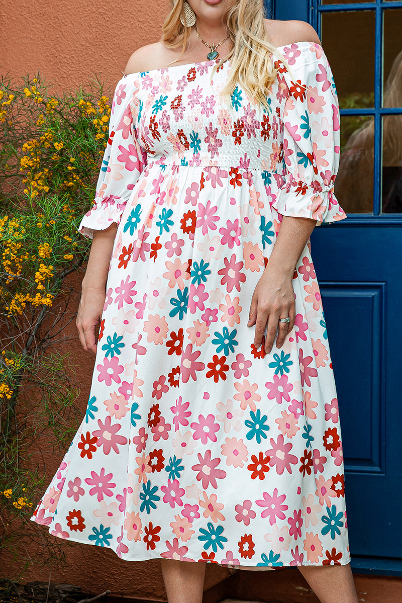 White Plus Size Flower Print Smocked Off Shoulder Dress