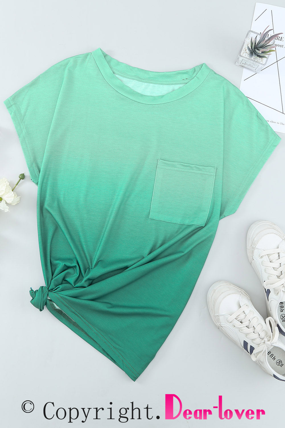 Green Gradient Color Short Sleeve T-Shirt with Pocket