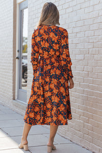 Orange Floral Print Faux Wrap Belted Dress