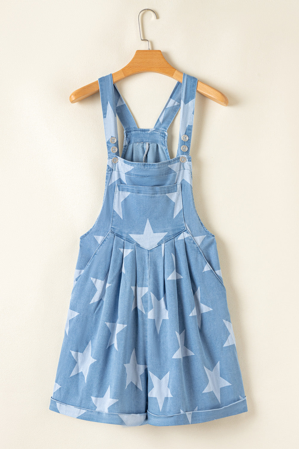 Light Blue Star Printed Buttoned Straps Pocketed Denim Romper