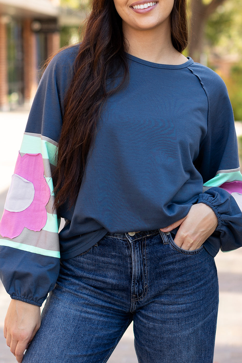 Sail Blue Flower Patchwork Raglan Sleeve Exposed Seam Oversized Top