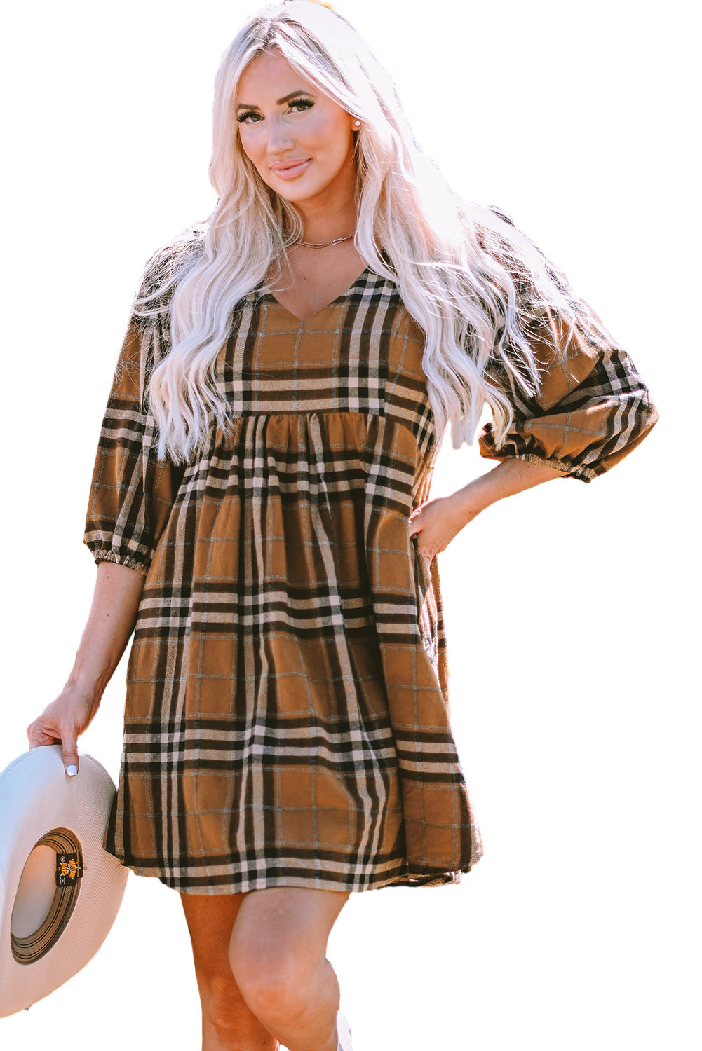 Brown Printed Plaid V Neck Plus Size Babydoll Dress