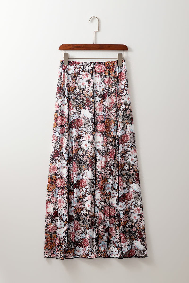 Brown Floral Print High Waist Maxi Skirt