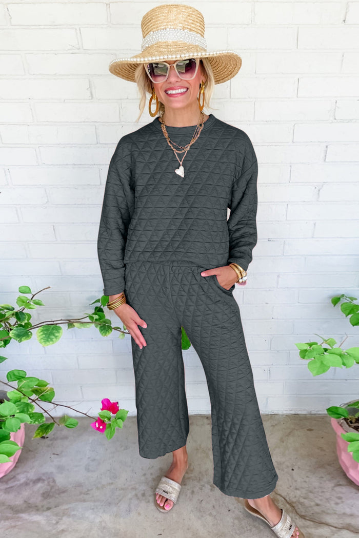 Dark Grey Solid Quilted Pullover and Pants Outfit