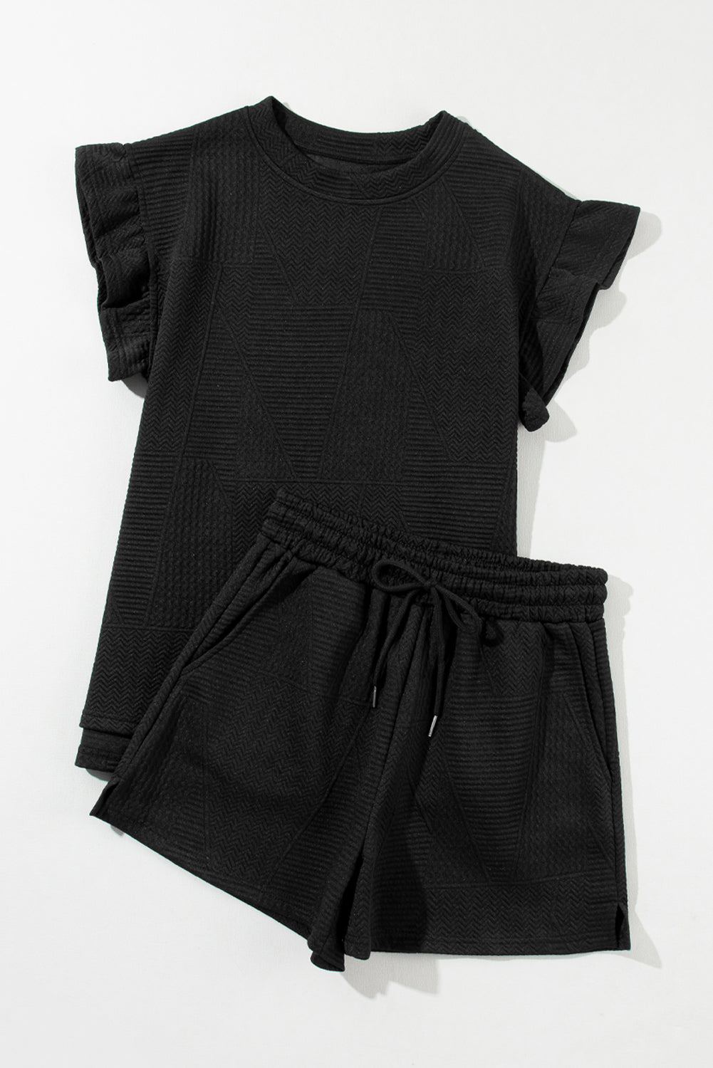 Skobeloff Textured Ruffle Split Top and Drawstring Shorts