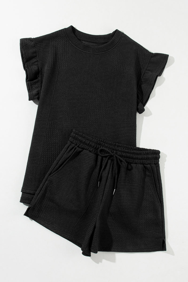 Skobeloff Textured Ruffle Split Top and Drawstring Shorts