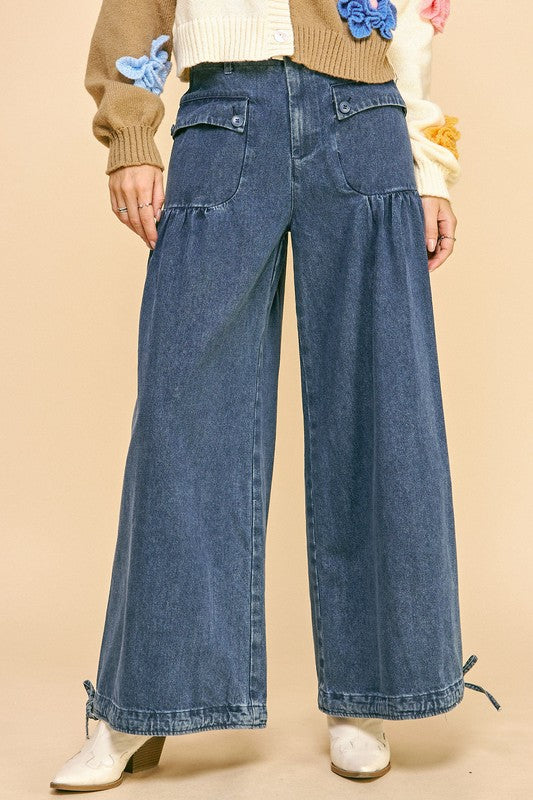 Davi & Dani Drawstring Hem Wide Leg Mid Rise Jeans