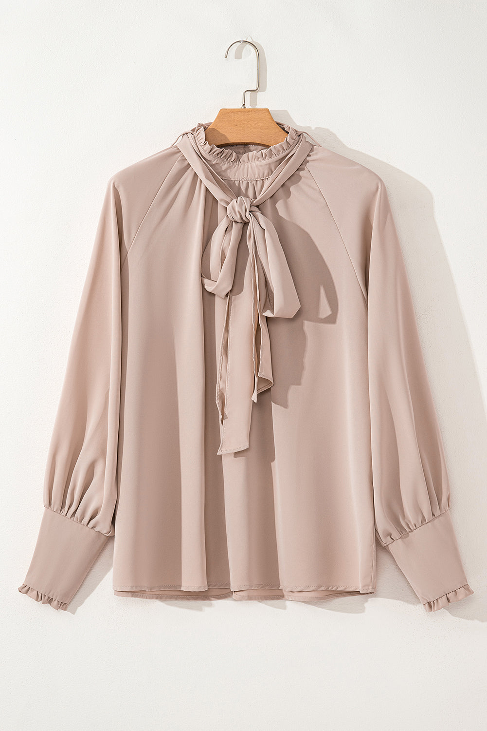 Pink Frilled Knotted Mock Neck Bishop Sleeve Blouse