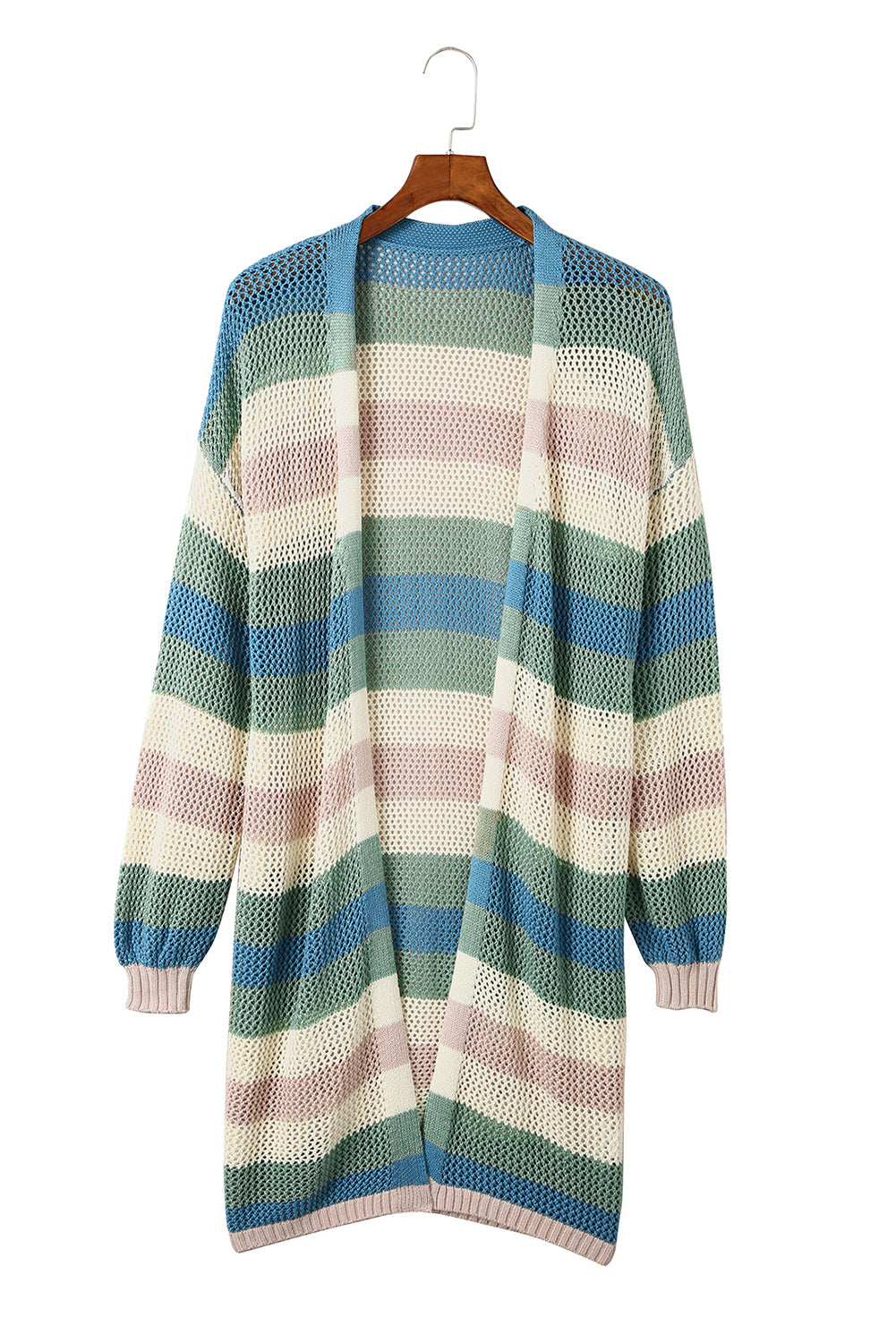 Blue Striped Color Block Hollowed Knit Cardigan